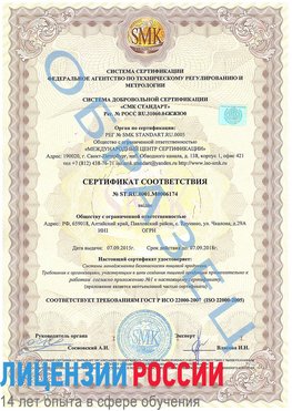 Образец сертификата соответствия Румянцево Сертификат ISO 22000